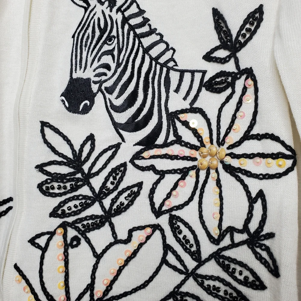 Storybook Knits Vintage 90s Safari Zebra Sequin Cardigan Sweater 212 Grandmacore